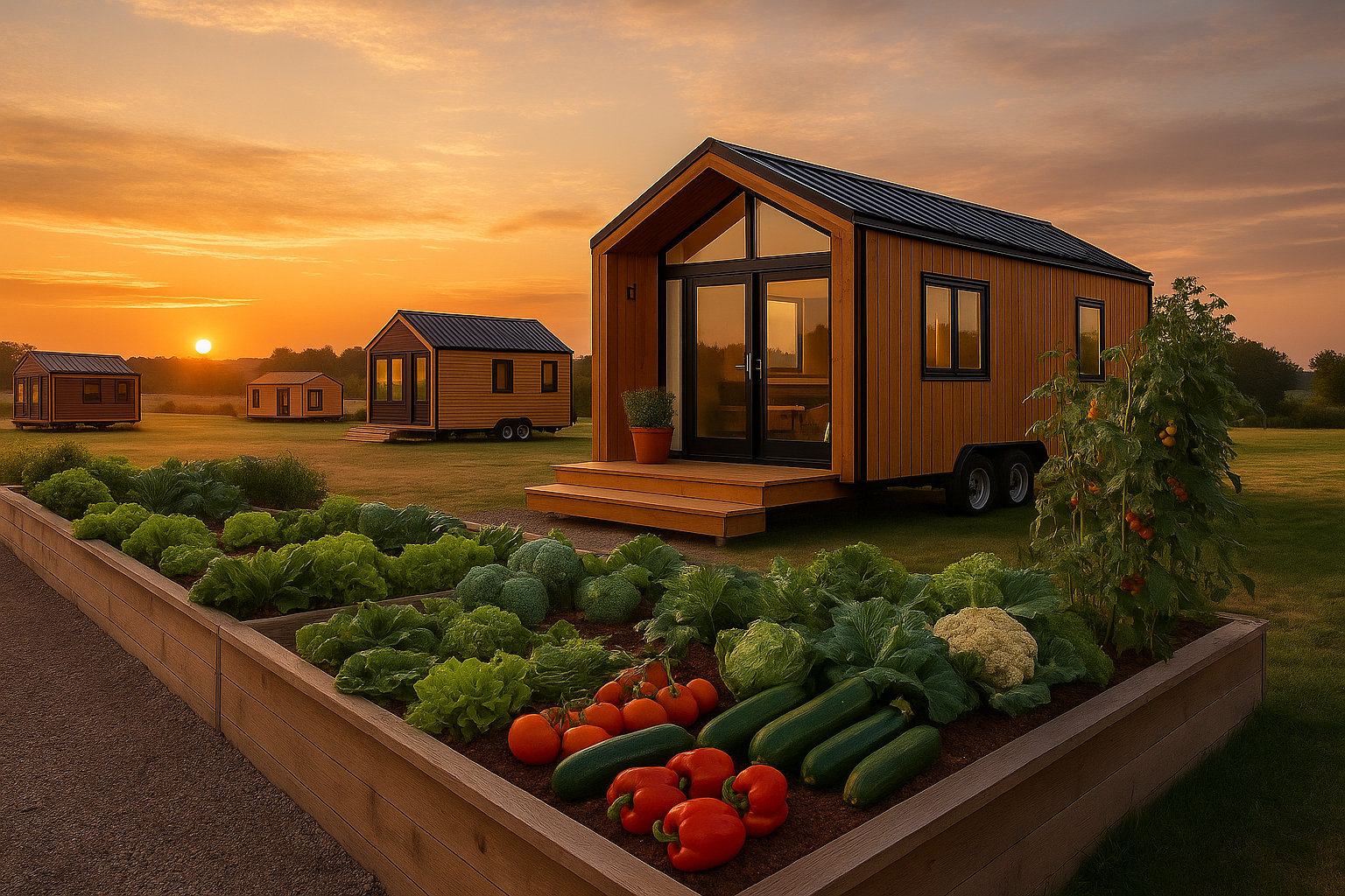 Tiny Houses im Kreis mit warmem Licht