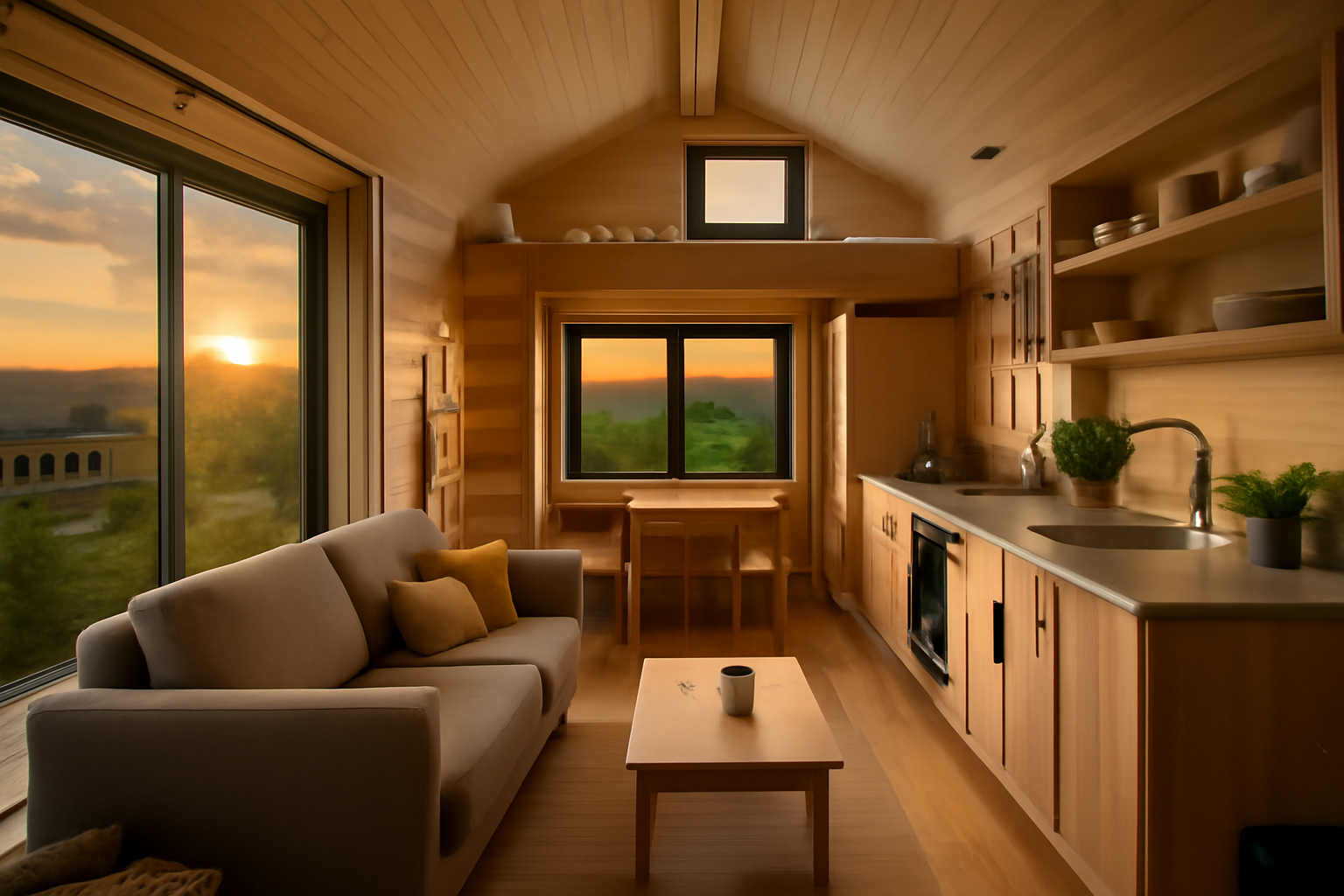 Küche und Essbereich in einem Tiny House