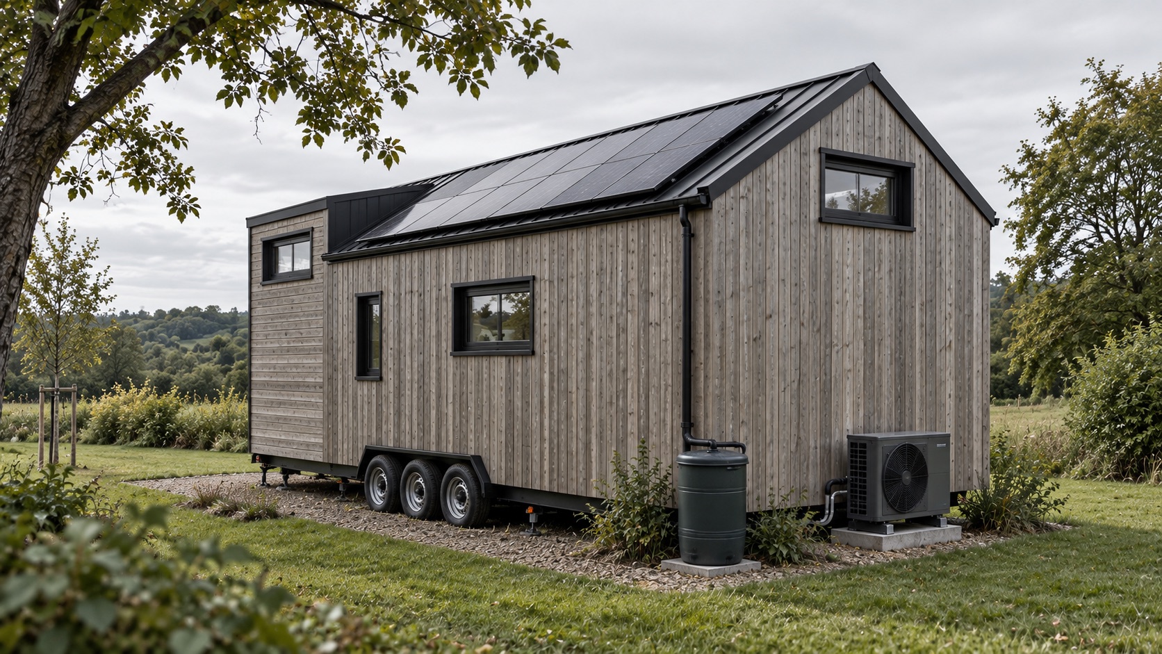 Konzeptvisualisierung eines mobilen Holzhauses mit Solartechnik und Versorgungseinheit